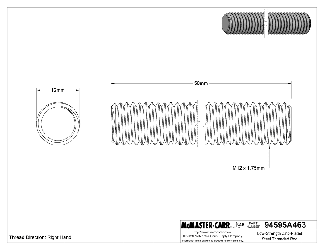 Technical Drawing of Low-Strength Zinc-Plated Steel Threaded Rod, M12 x 1.75 mm Thread Size, 50 mm Long.